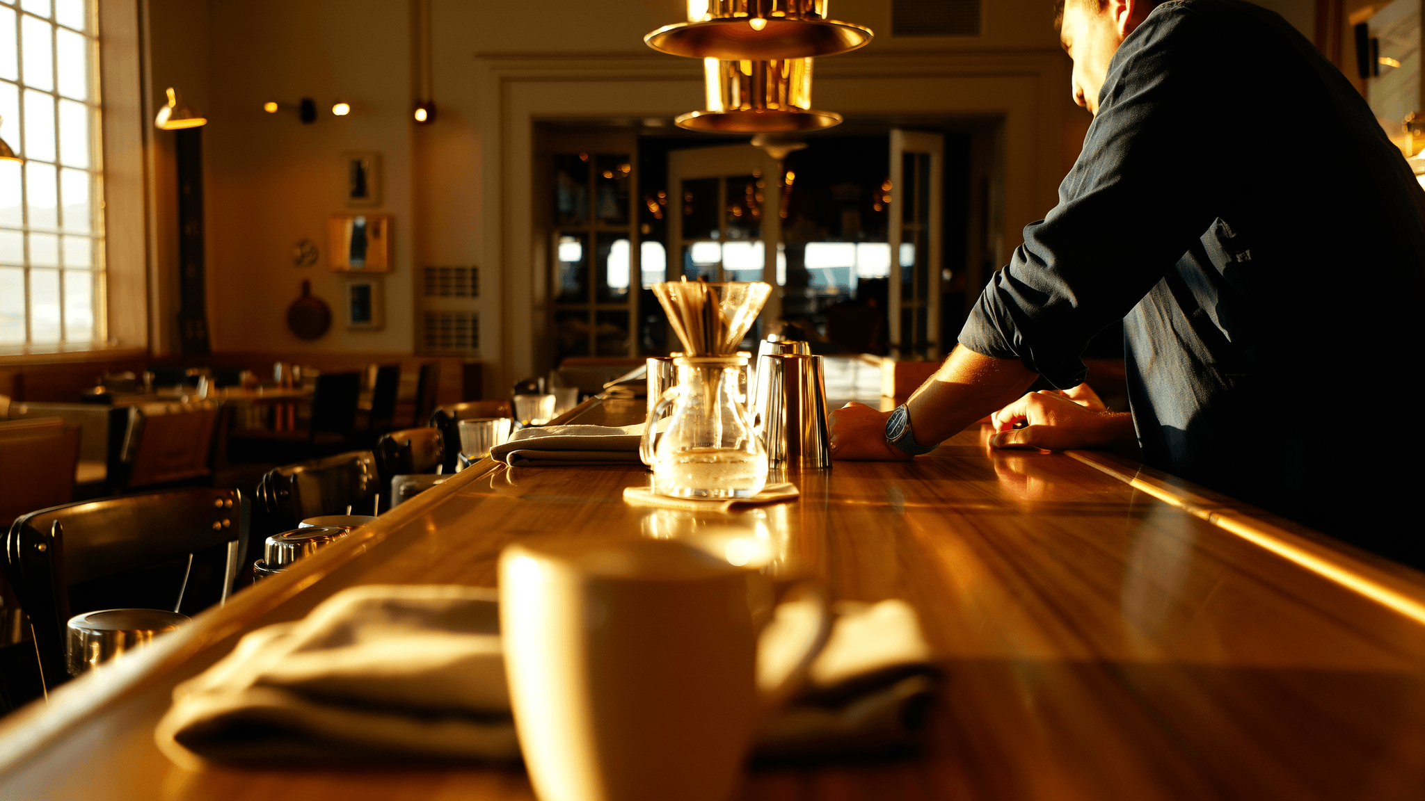 The walnut bar counter at 6th Street Coffee during golden hour