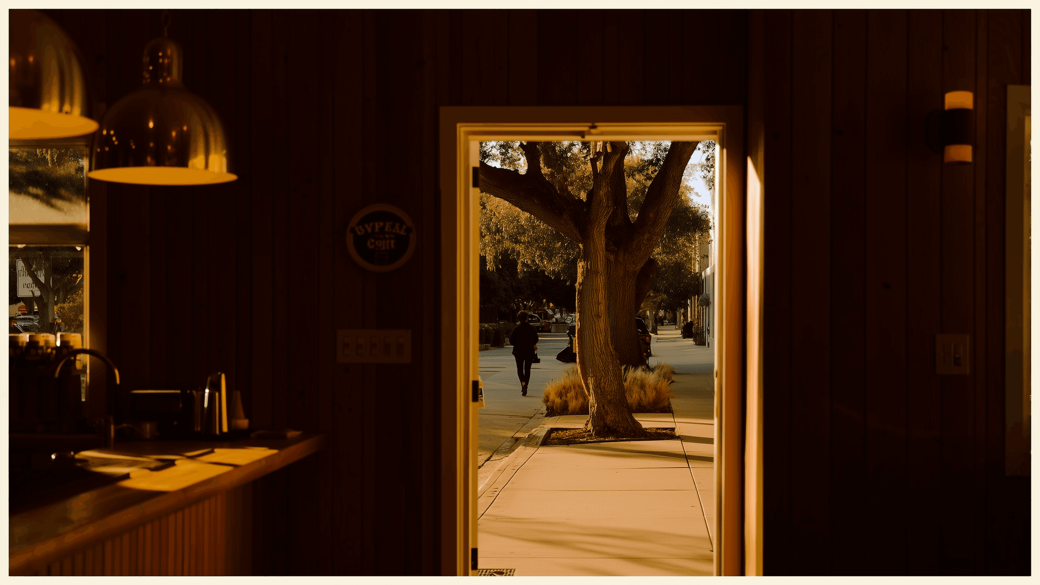 View through the open front door onto an Austin sidewalk and live oak tree