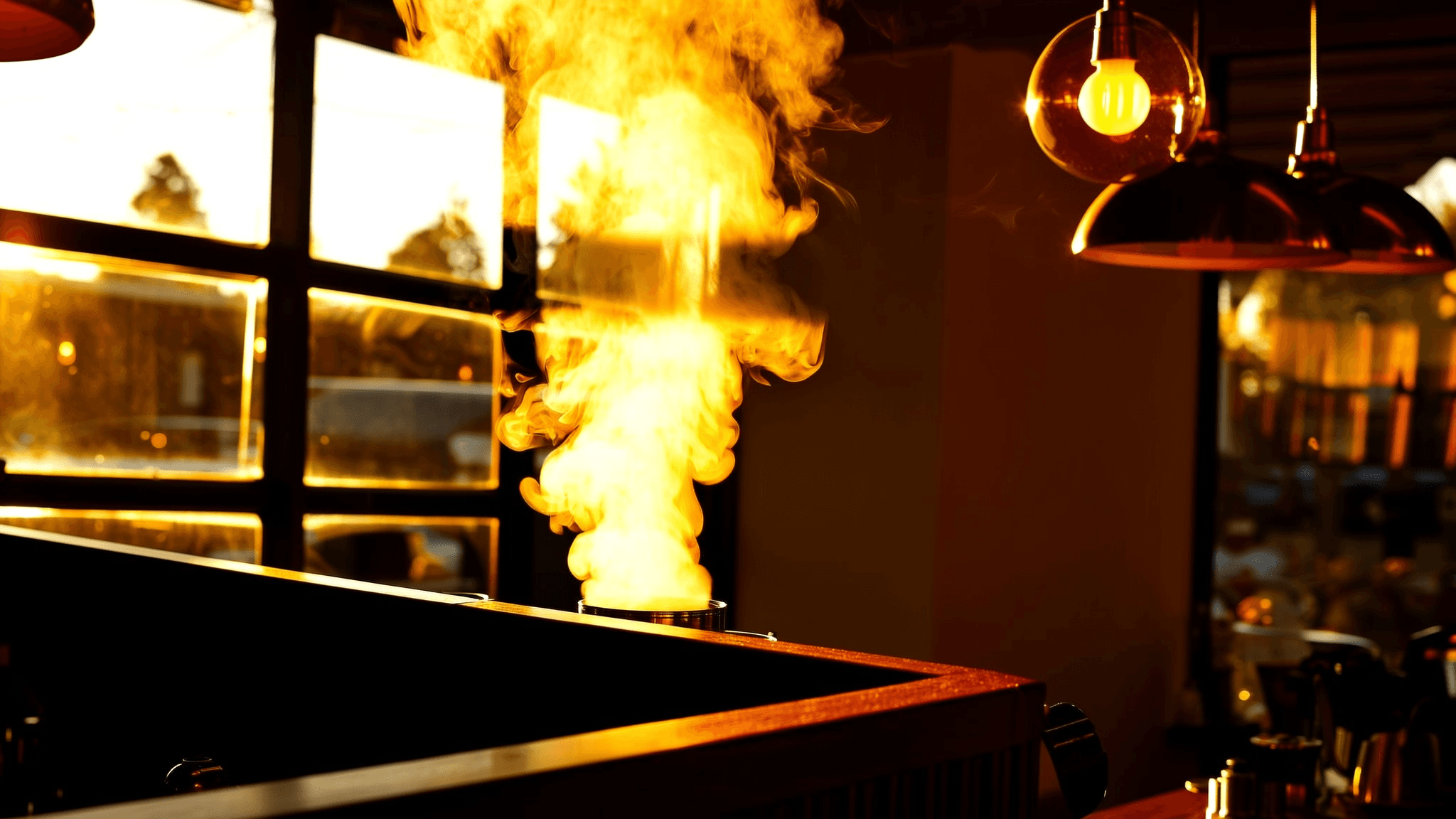 Steam rising from the espresso machine, backlit by golden hour window light