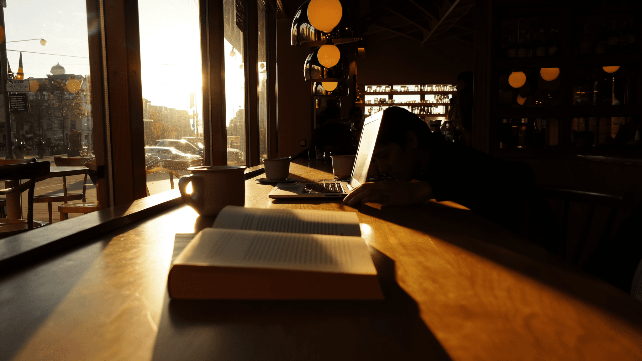 Golden hour light raking across the communal table, book and laptop in warm silhouette