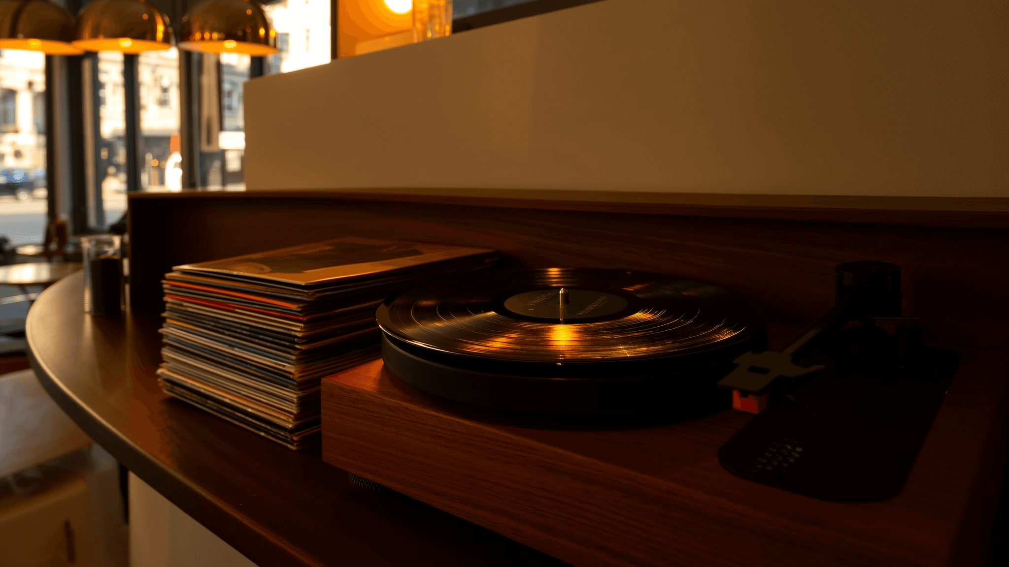Vinyl record spinning on a turntable behind the bar, warm amber light on the grooves