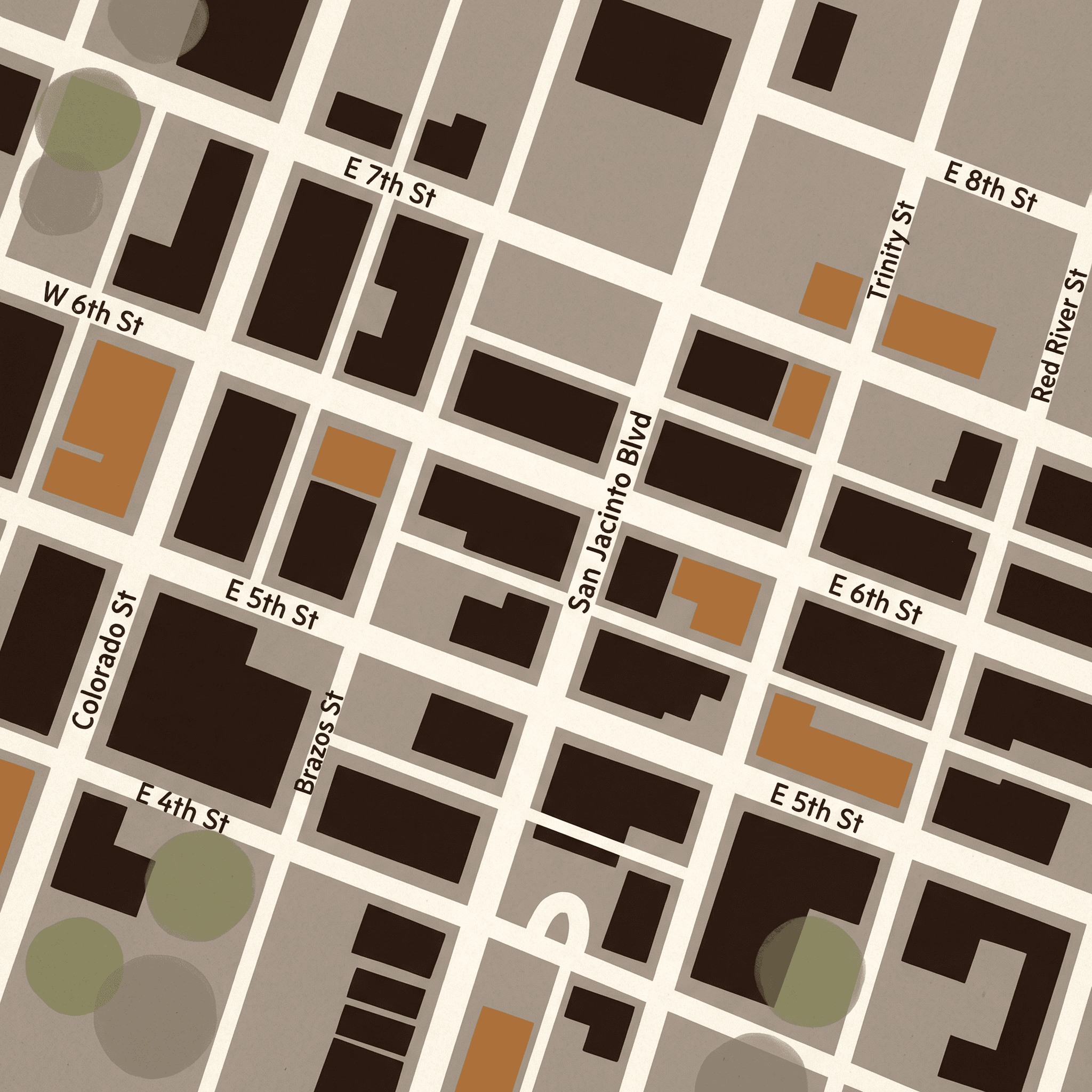 Stylized map of the East Austin neighborhood around 6th Street Coffee